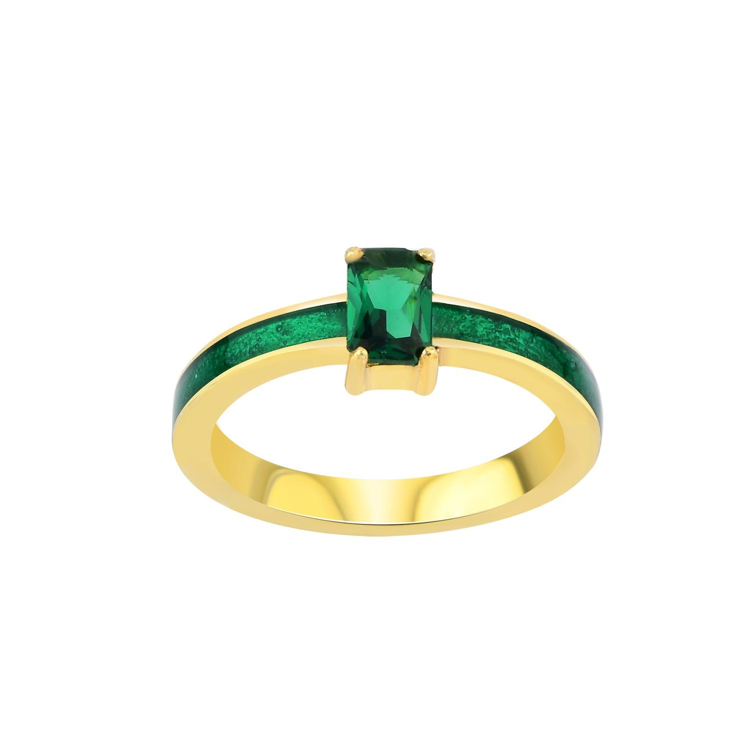 Green Baguette Cut Gem Enamel Ring - Karosh