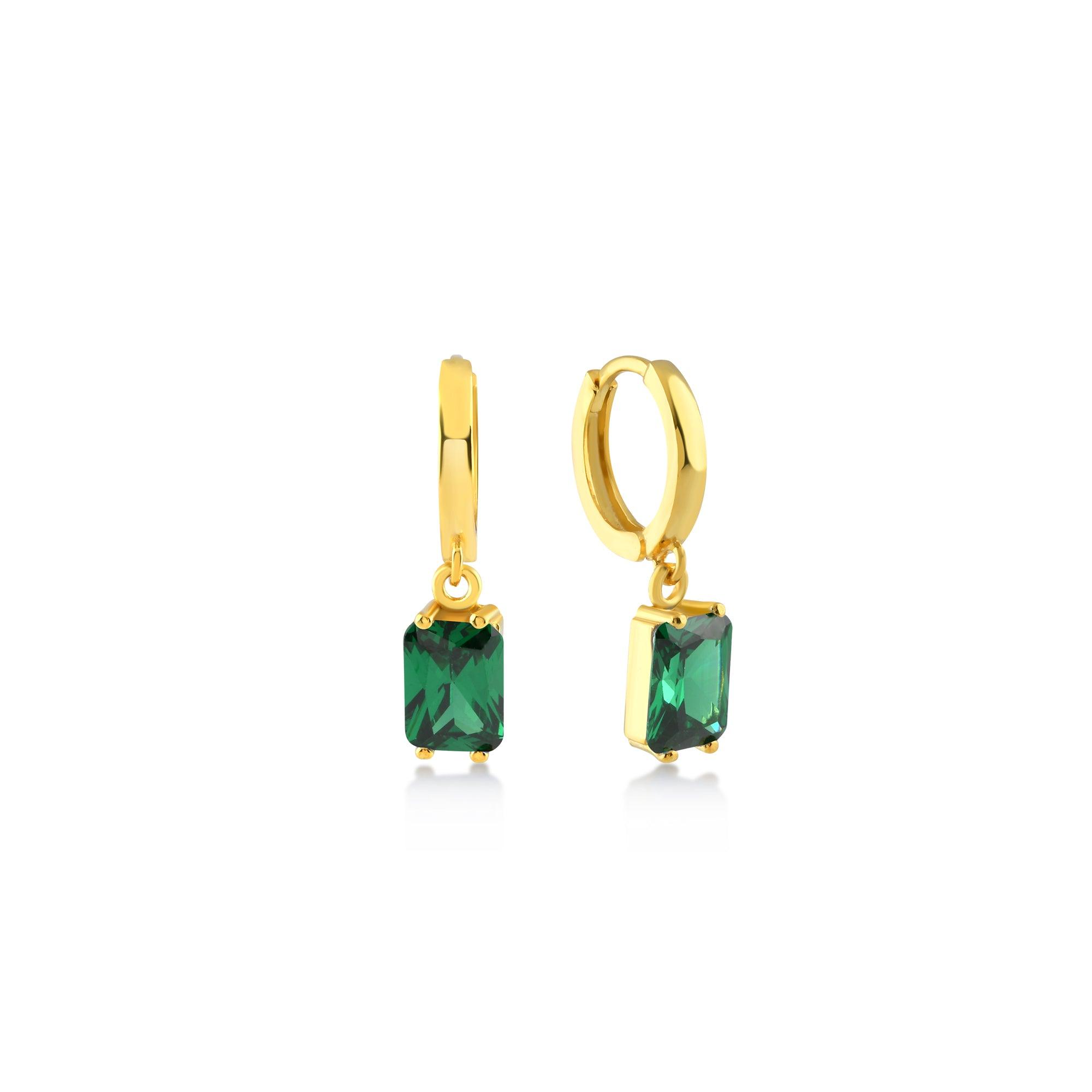 Green Small Baguette Cut Gem Dangle Earrings - Karosh