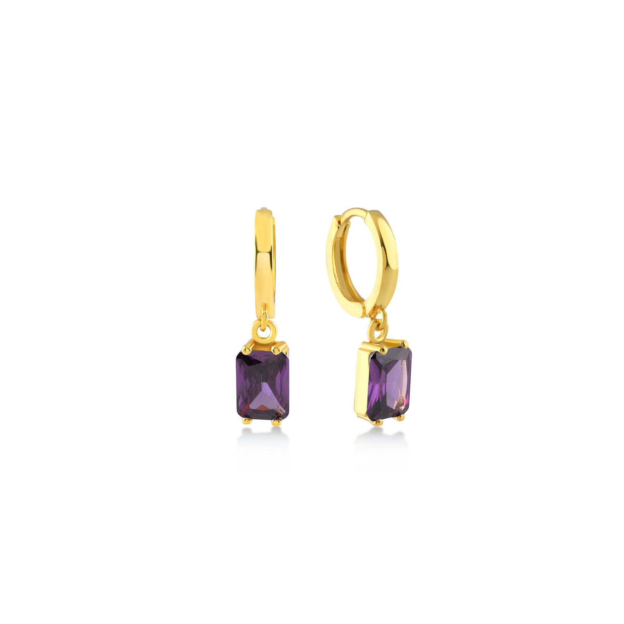 Purple Small Baguette Cut Gem Dangle Earrings - Karosh