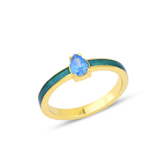 Karosh Green Enamel Ring with Aquamarine Drop Cut Gem - Karosh